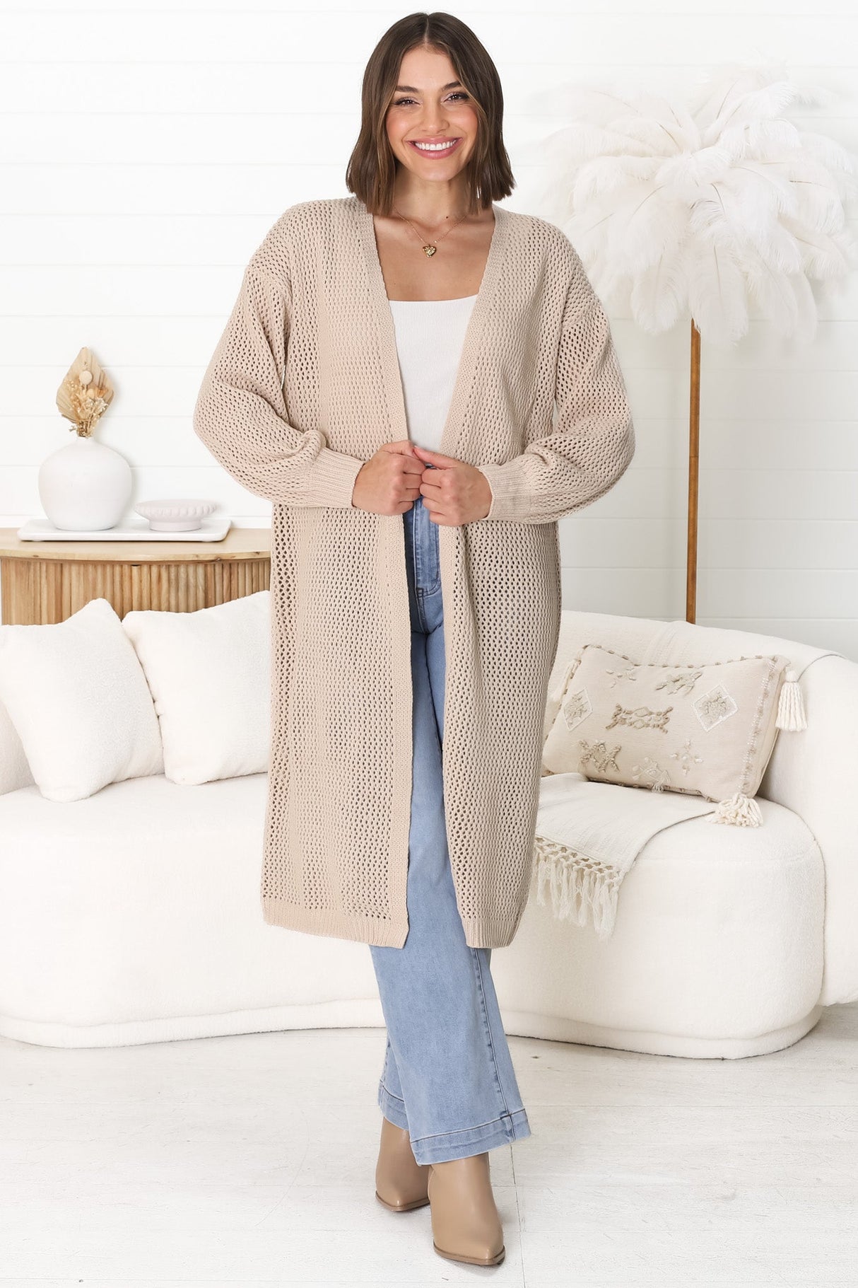 Melrose Cardigan - Longline Open Front Cardigan in Beige