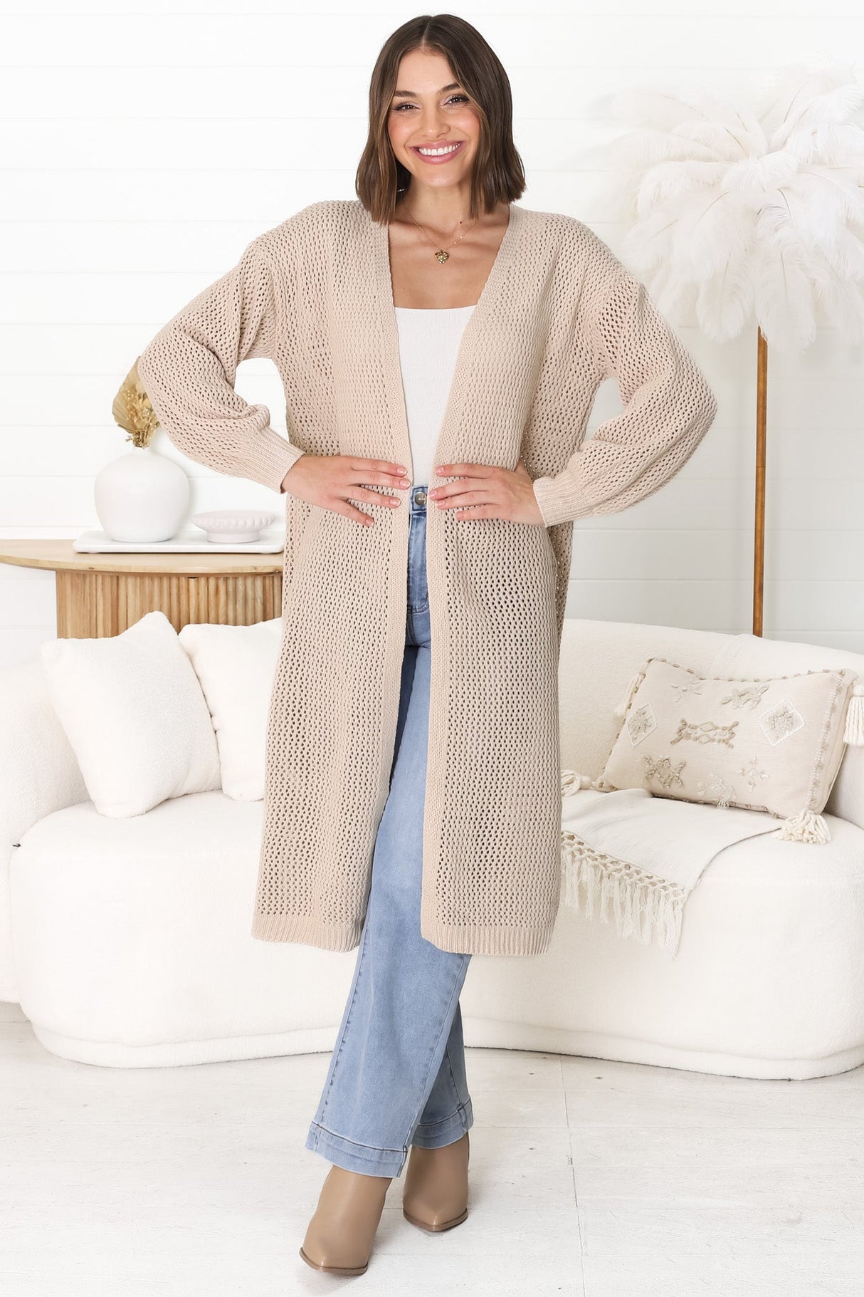 Melrose Cardigan - Longline Open Front Cardigan in Beige