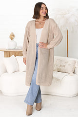 Melrose Cardigan - Longline Open Front Cardigan in Beige