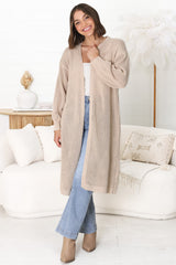 Melrose Cardigan - Longline Open Front Cardigan in Beige