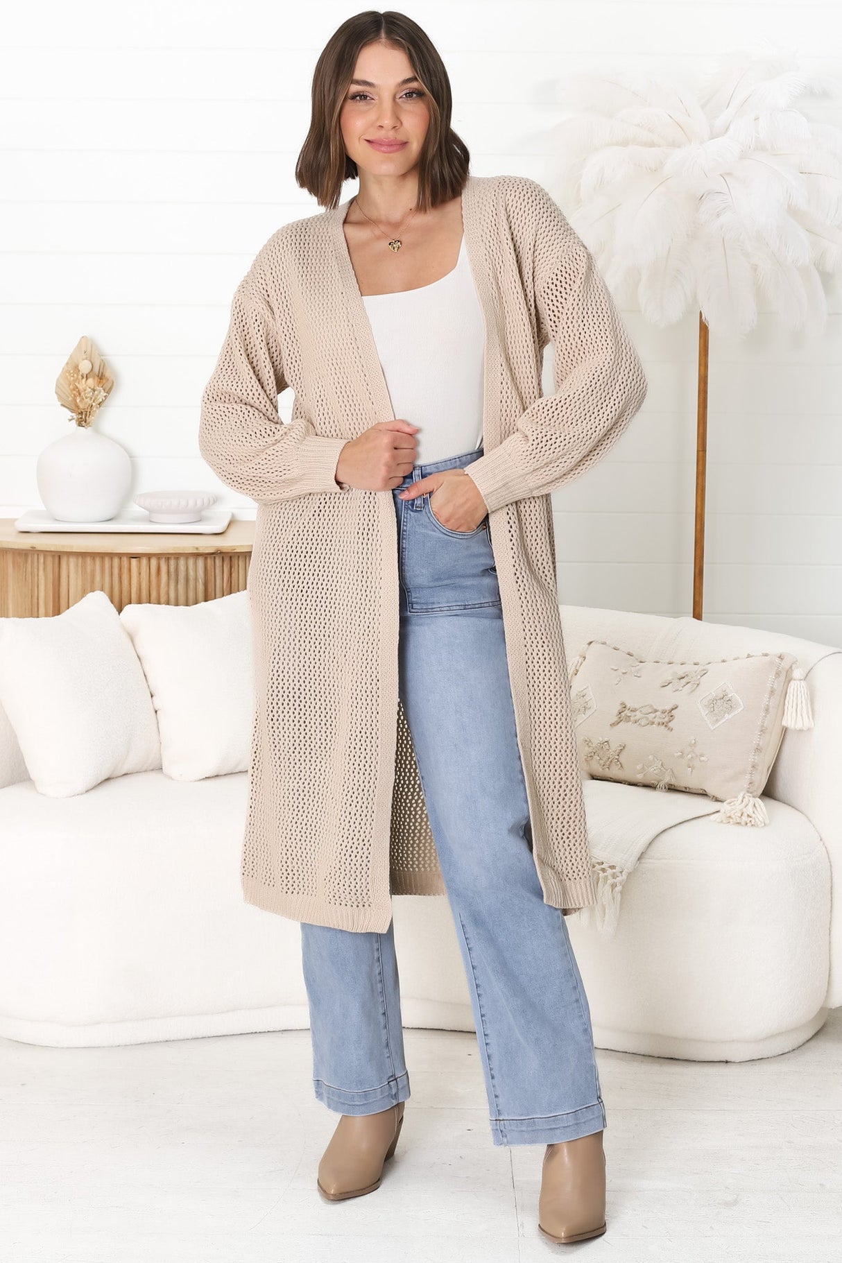 Melrose Cardigan - Longline Open Front Cardigan in Beige