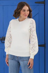 Larna Jumper - Knit Jumper with Lace Sleeves in Cream