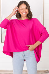 Belinda Knit Top - Boat Neckline Boxy Batwing Top in Hot Pink