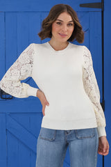 Larna Jumper - Knit Jumper with Lace Sleeves in Cream