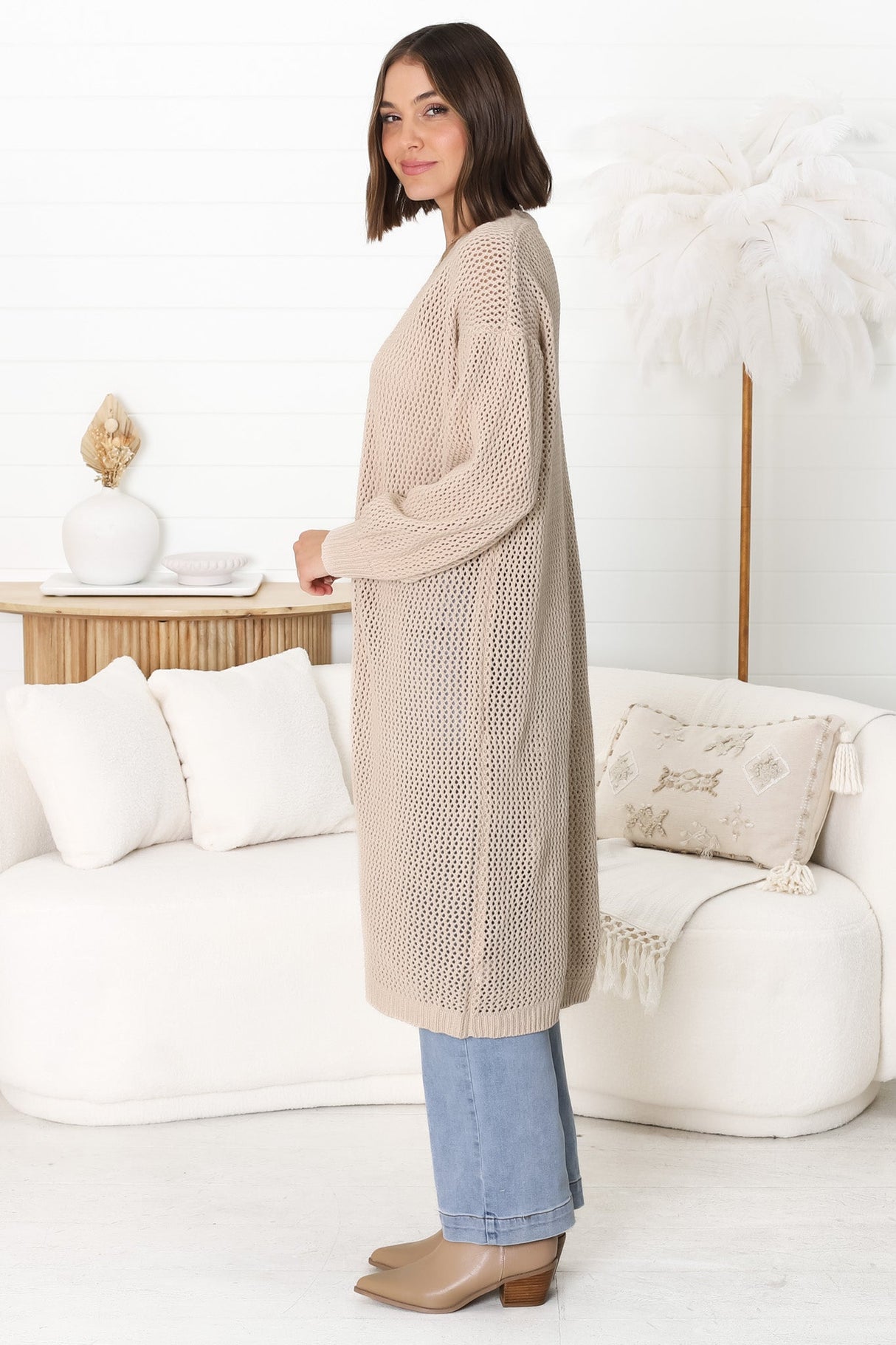 Melrose Cardigan - Longline Open Front Cardigan in Beige