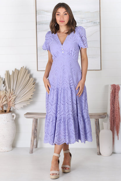 Lilith Midi Dress - Broderie Anglaise Scalloped Hemline A Line Dress in Lilac