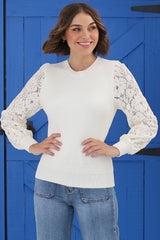 Larna Jumper - Knit Jumper with Lace Sleeves in Cream