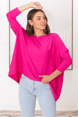 Belinda Knit Top - Boat Neckline Boxy Batwing Top in Hot Pink