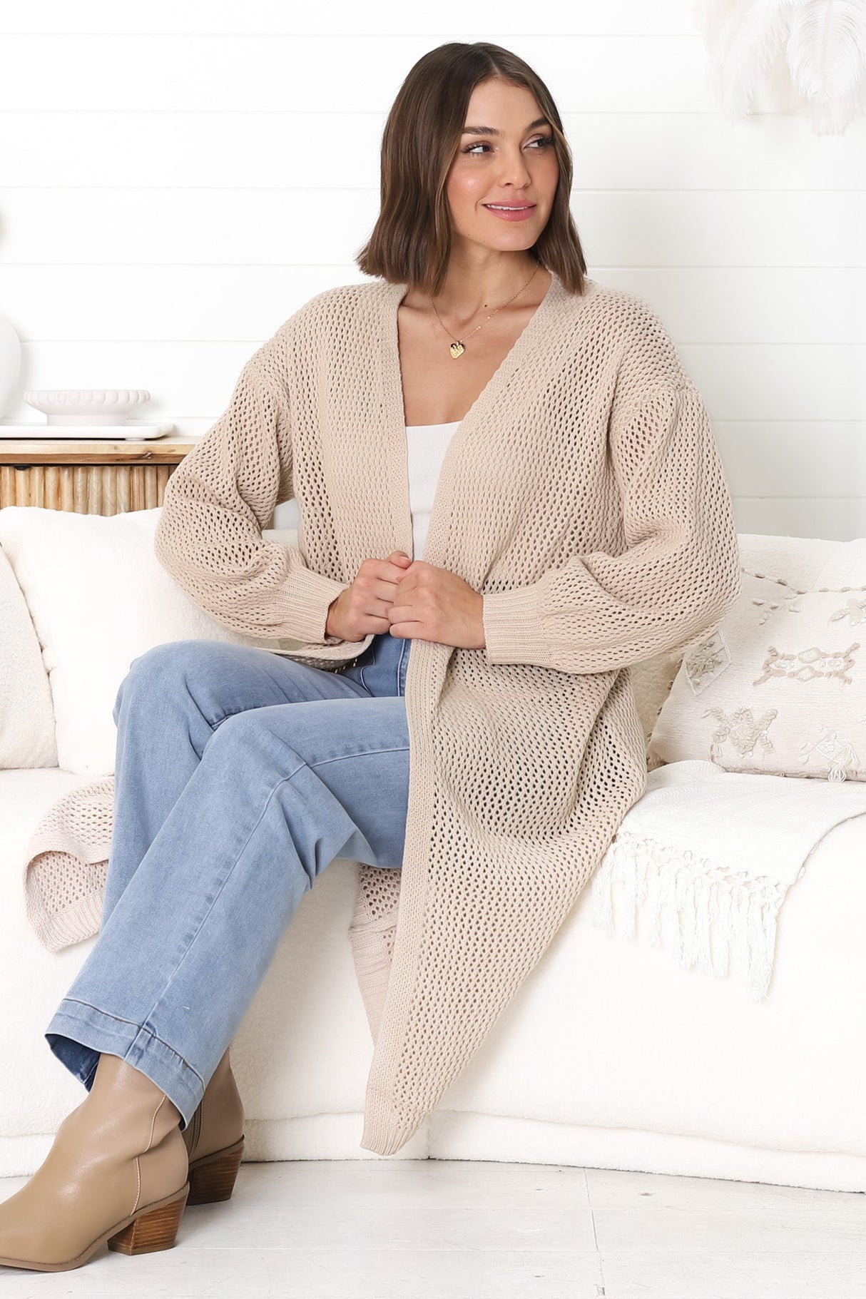 Melrose Cardigan - Longline Open Front Cardigan in Beige