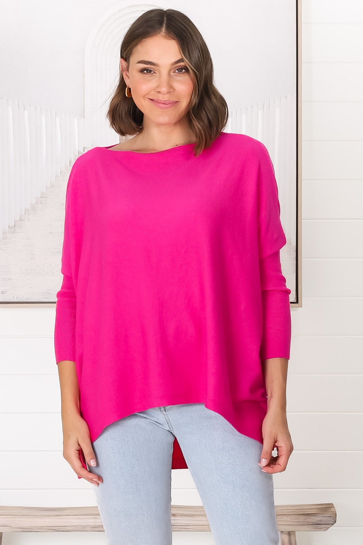 Belinda Knit Top - Boat Neckline Boxy Batwing Top in Hot Pink