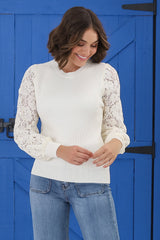 Larna Jumper - Knit Jumper with Lace Sleeves in Cream