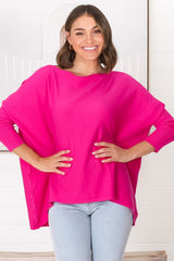 Belinda Knit Top - Boat Neckline Boxy Batwing Top in Hot Pink