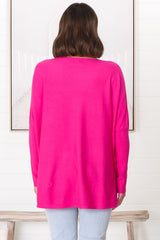 Belinda Knit Top - Boat Neckline Boxy Batwing Top in Hot Pink