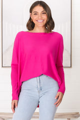 Belinda Knit Top - Boat Neckline Boxy Batwing Top in Hot Pink