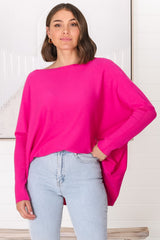 Belinda Knit Top - Boat Neckline Boxy Batwing Top in Hot Pink