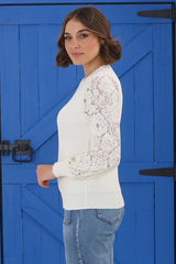 Larna Jumper - Knit Jumper with Lace Sleeves in Cream