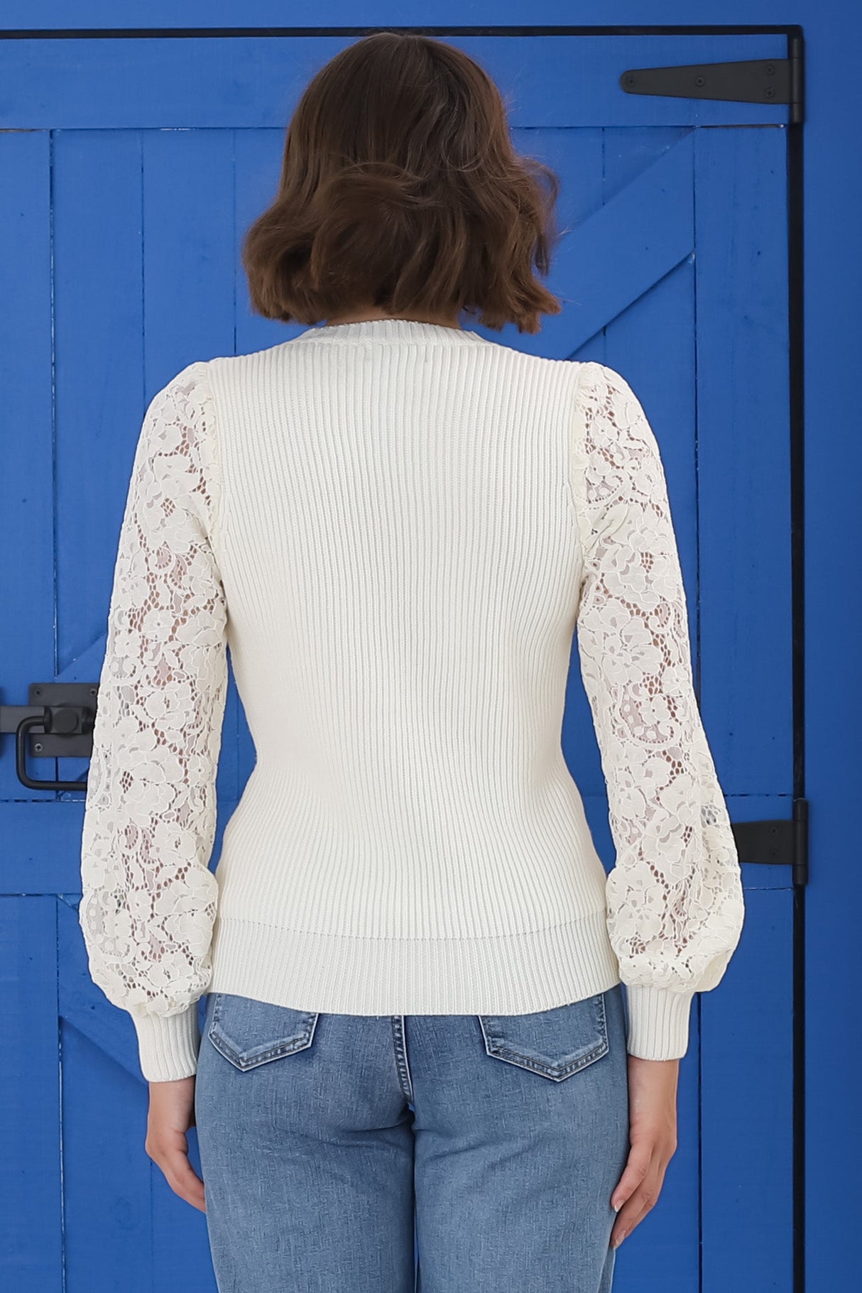 Larna Jumper - Knit Jumper with Lace Sleeves in Cream