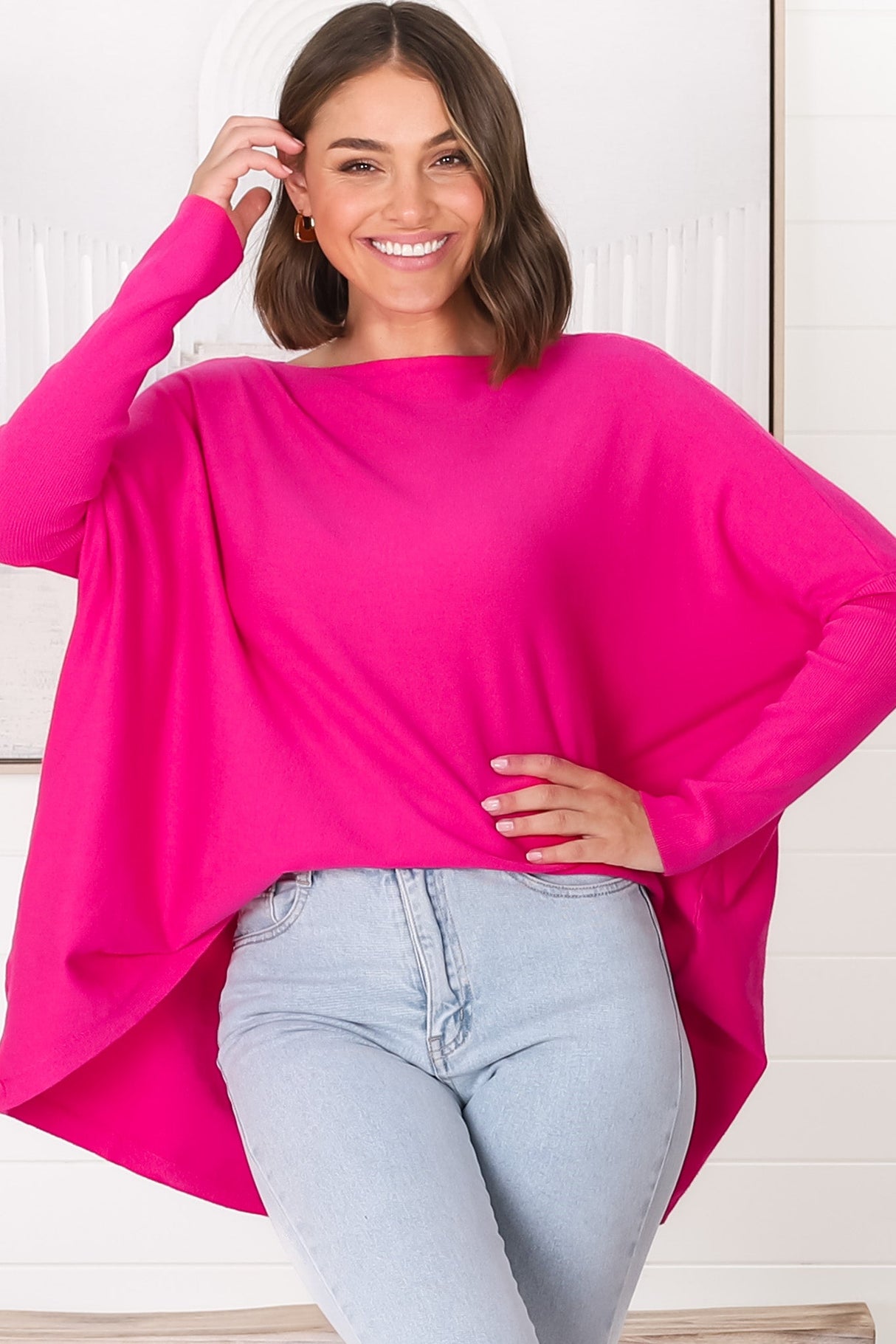 Belinda Knit Top - Boat Neckline Boxy Batwing Top in Hot Pink