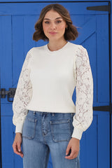 Larna Jumper - Knit Jumper with Lace Sleeves in Cream