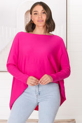 Belinda Knit Top - Boat Neckline Boxy Batwing Top in Hot Pink