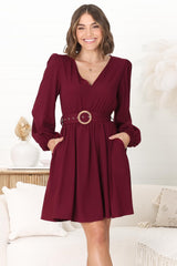 Lyna Mini Dress - A Line Dress with Statement Rattan Buckle Belt in Wine