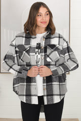 Diego Shacket - Relaxed Fit Checkered Shirt Jacket with Scoop Hemline in Grey