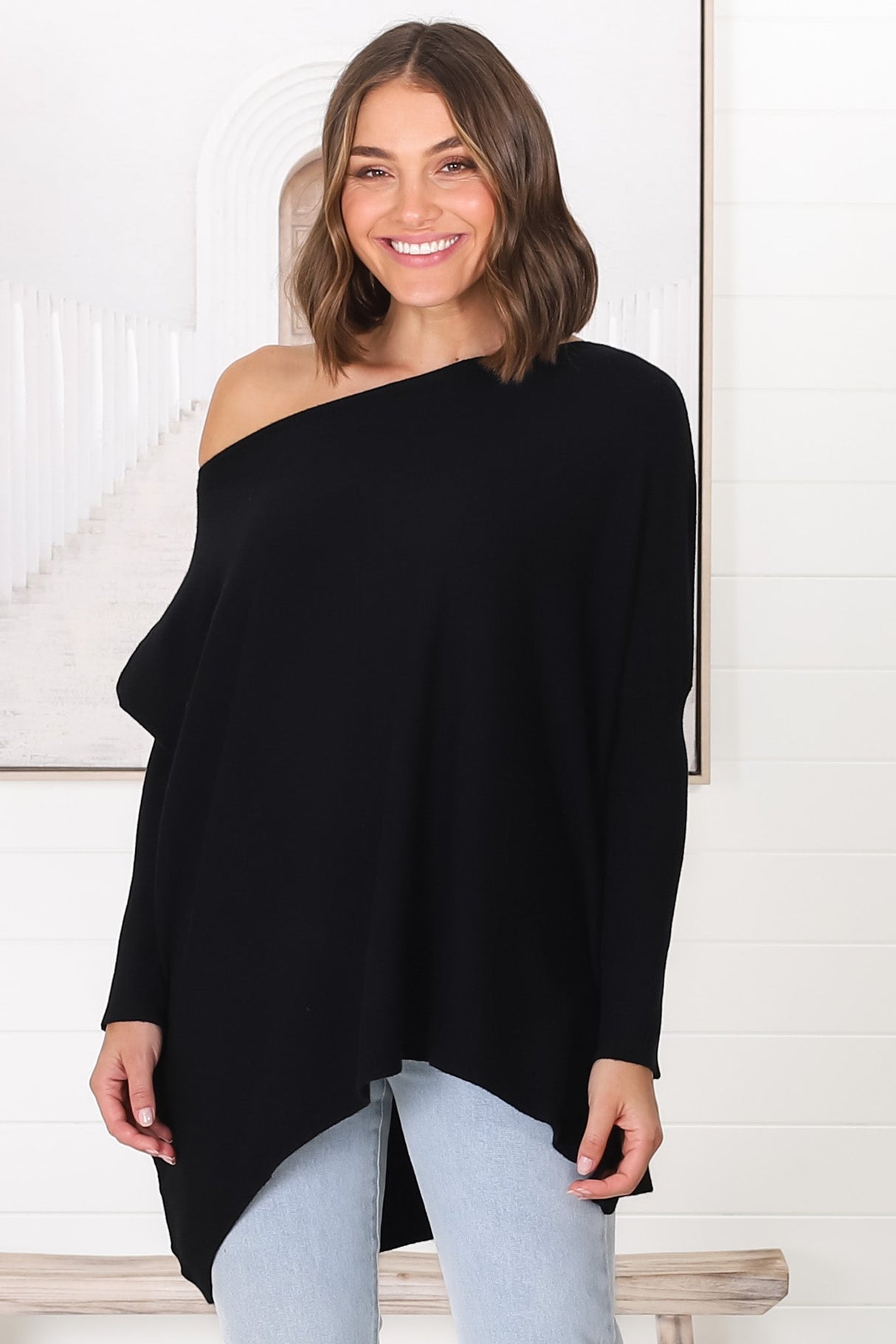 Belinda Knit Top - Boat Neckline Boxy Batwing Top in Black