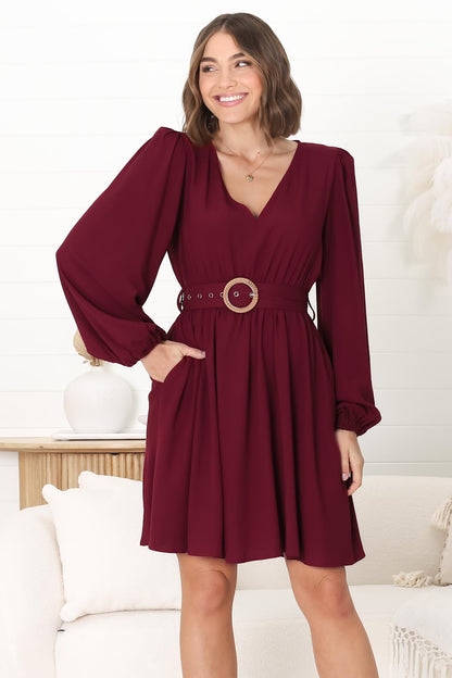 Lyna Mini Dress - A Line Dress with Statement Rattan Buckle Belt in Wine