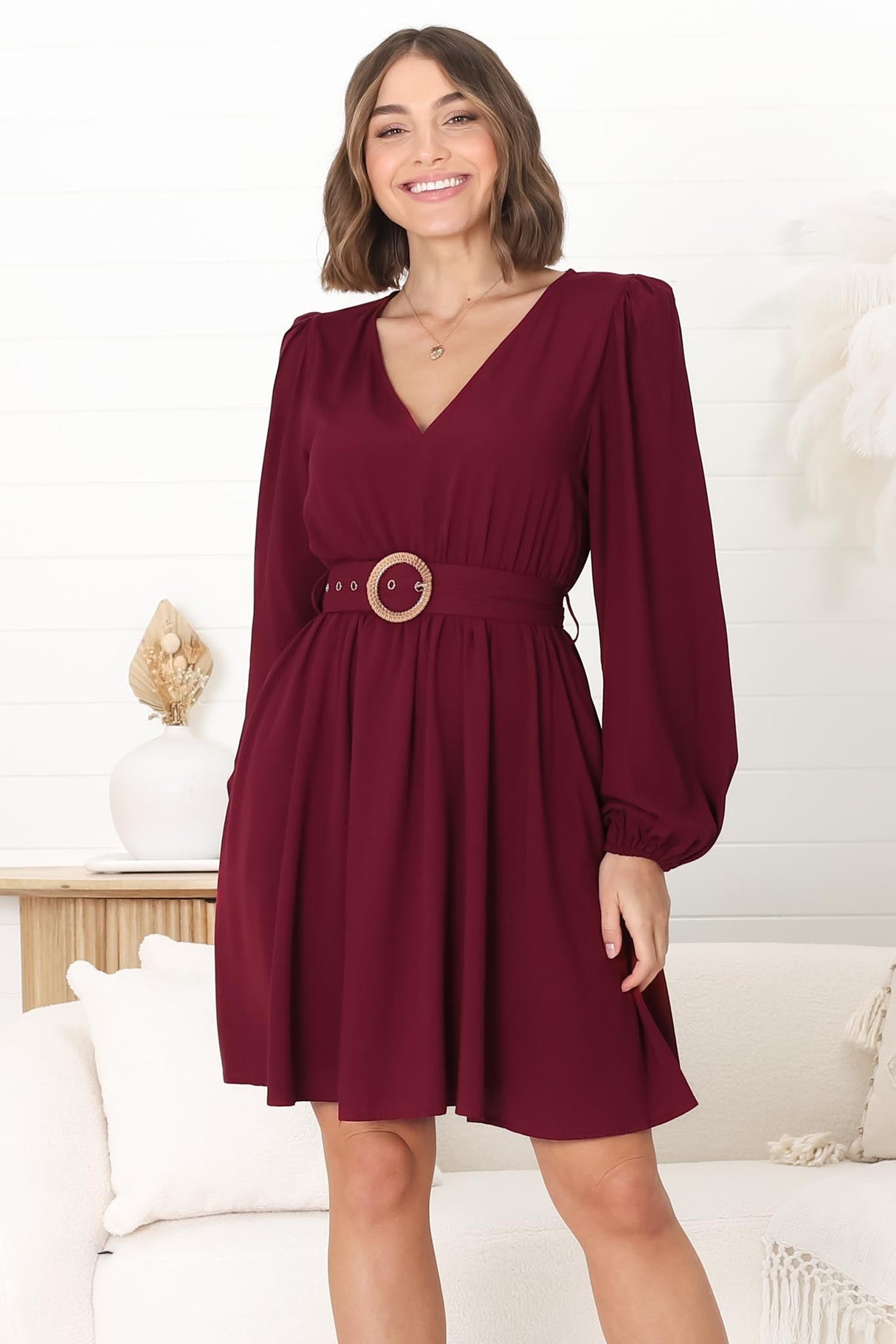 Lyna Mini Dress - A Line Dress with Statement Rattan Buckle Belt in Wine