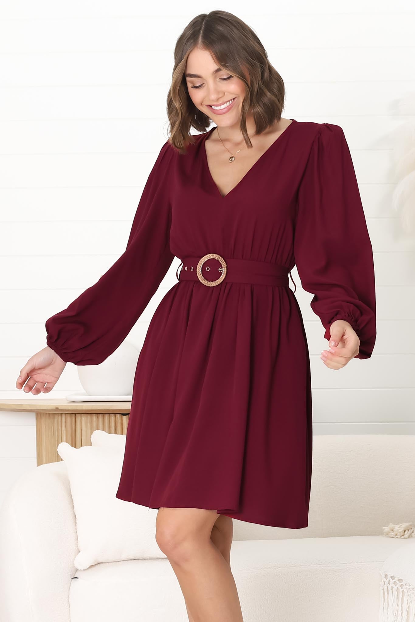 Lyna Mini Dress - A Line Dress with Statement Rattan Buckle Belt in Wine