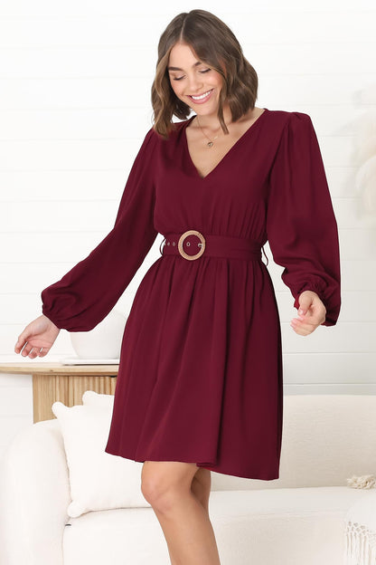 Lyna Mini Dress - A Line Dress with Statement Rattan Buckle Belt in Wine