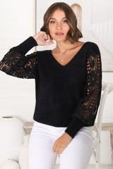 Romina Jumper - V Neck Lace Sleeve Jumper in Black