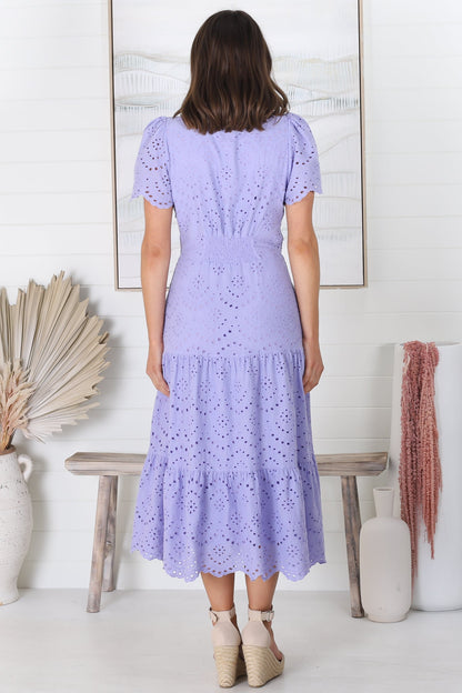 Lilith Midi Dress - Broderie Anglaise Scalloped Hemline A Line Dress in Lilac