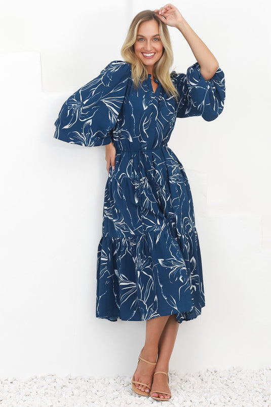 Brea Midi Dress - High Mandarin Collar Button Down Dress in Ivy Print Blue