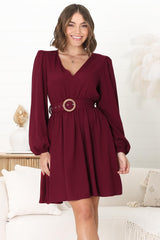 Lyna Mini Dress - A Line Dress with Statement Rattan Buckle Belt in Wine