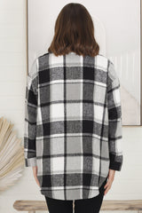 Diego Shacket - Relaxed Fit Checkered Shirt Jacket with Scoop Hemline in Grey