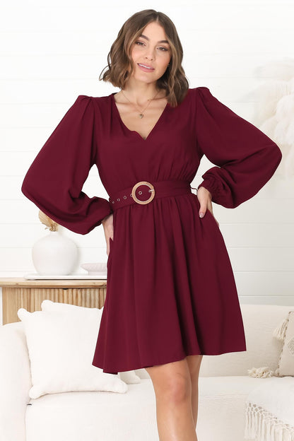 Lyna Mini Dress - A Line Dress with Statement Rattan Buckle Belt in Wine