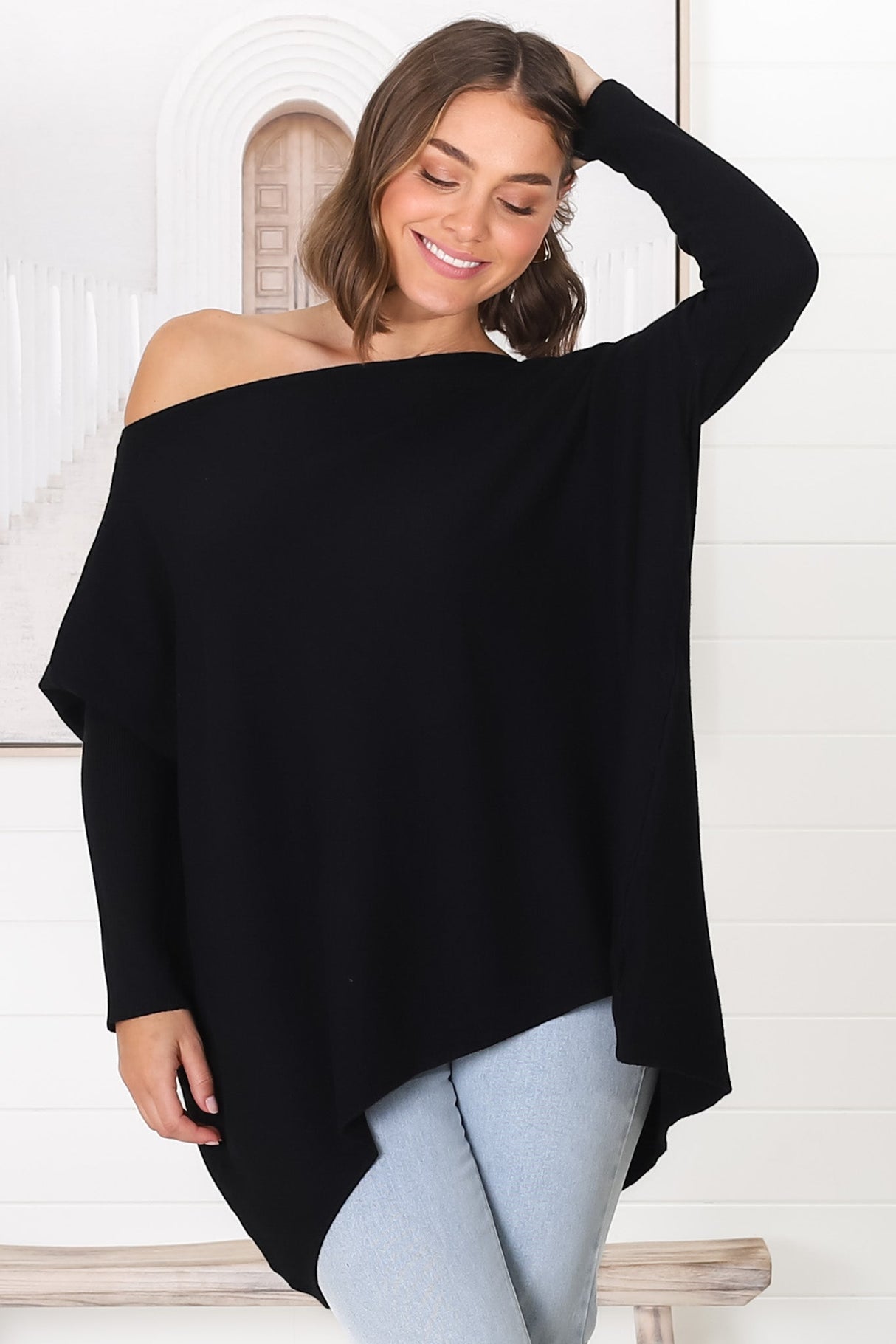 Belinda Knit Top - Boat Neckline Boxy Batwing Top in Black