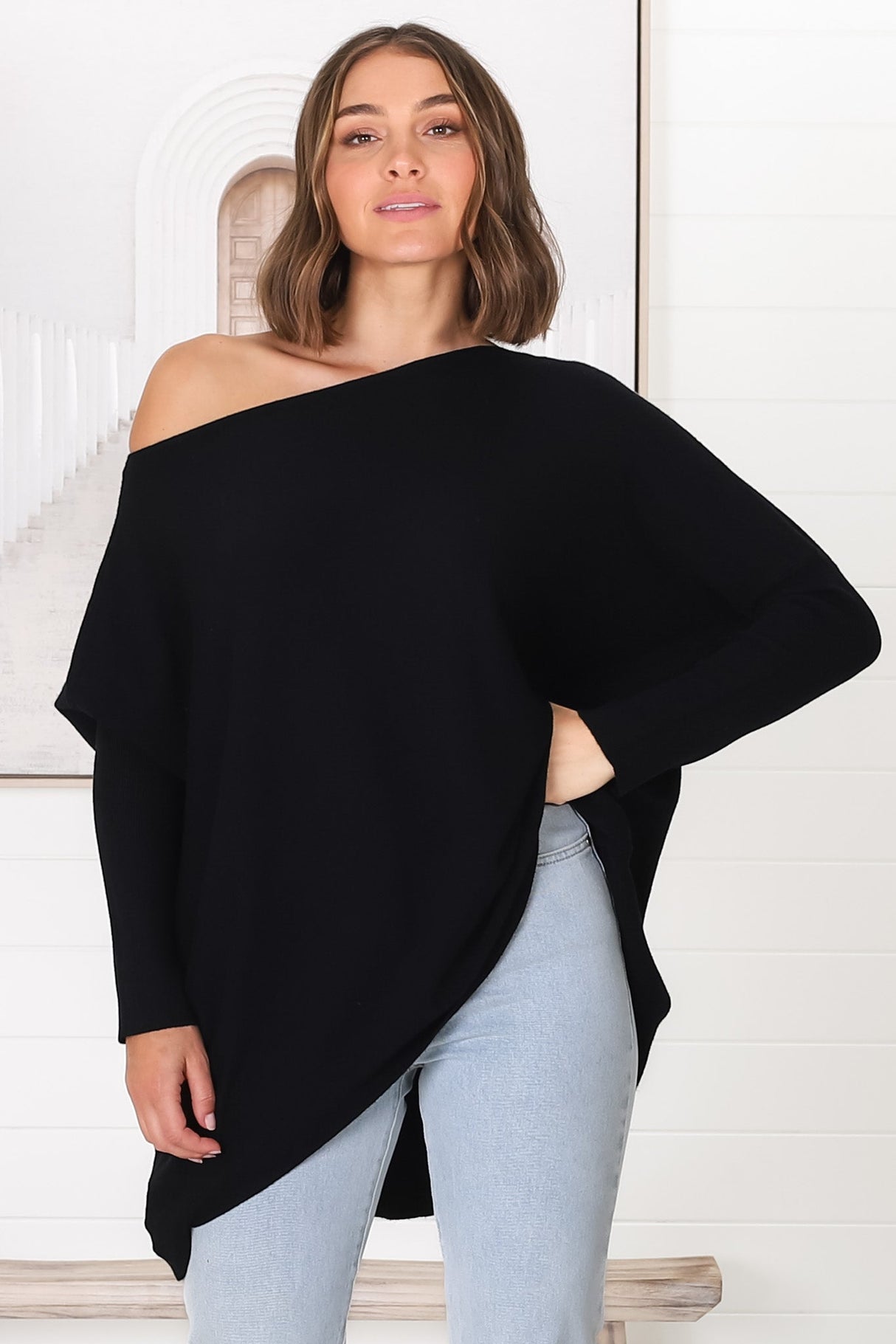 Belinda Knit Top - Boat Neckline Boxy Batwing Top in Black