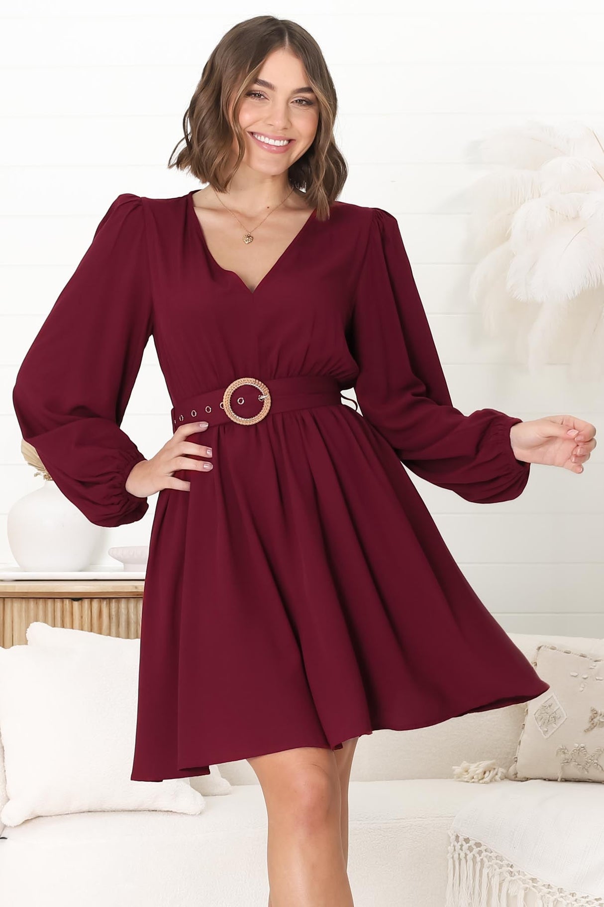 Lyna Mini Dress - A Line Dress with Statement Rattan Buckle Belt in Wine