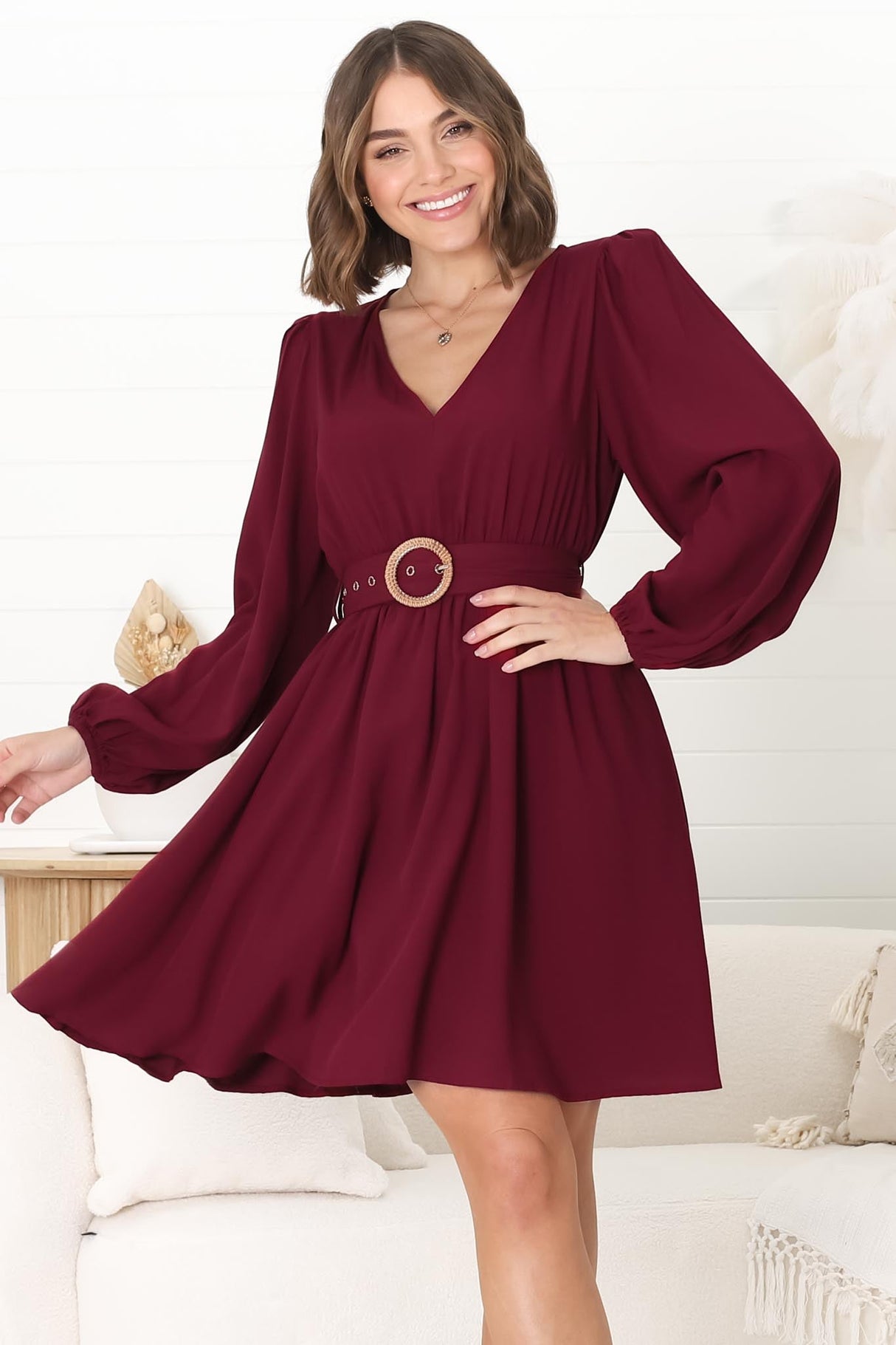 Lyna Mini Dress - A Line Dress with Statement Rattan Buckle Belt in Wine