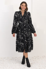 Brea Midi Dress - High Mandarin Collar Button Down Dress in Ivy Print Black