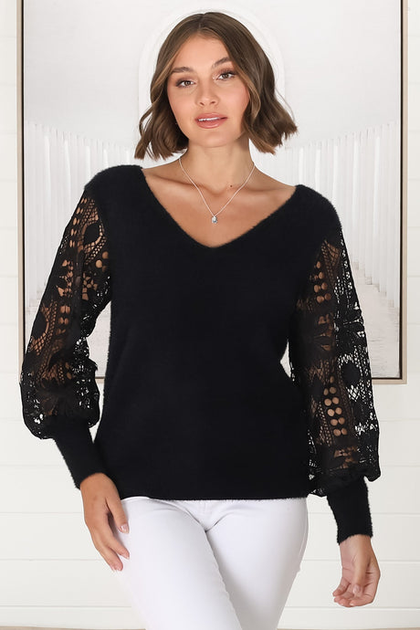 Romina Jumper - V Neck Lace Sleeve Jumper in Black