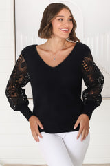 Romina Jumper - V Neck Lace Sleeve Jumper in Black