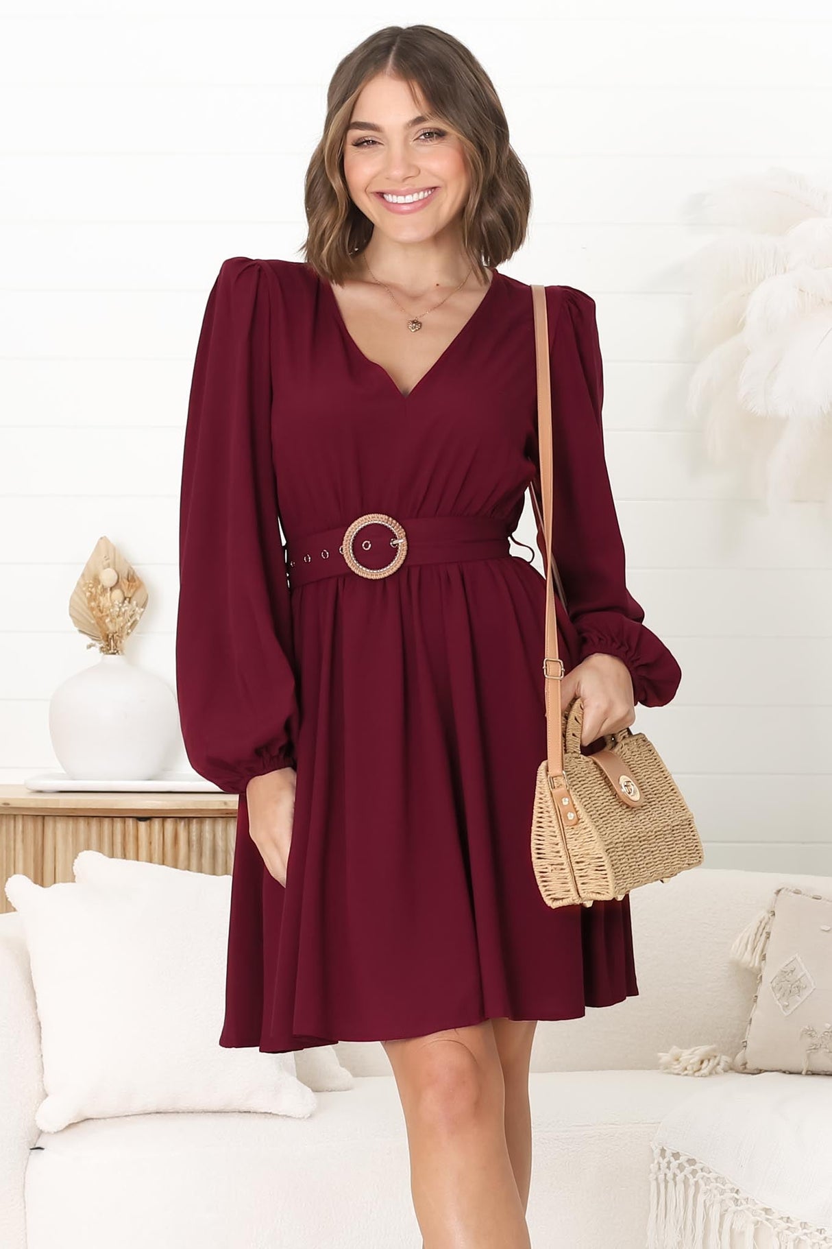 Lyna Mini Dress - A Line Dress with Statement Rattan Buckle Belt in Wine