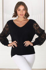 Romina Jumper - V Neck Lace Sleeve Jumper in Black