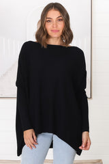 Belinda Knit Top - Boat Neckline Boxy Batwing Top in Black