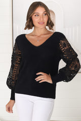 Romina Jumper - V Neck Lace Sleeve Jumper in Black