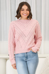 Ruthie Knit Top - Pom Pom Open Knit Decal Jumper in Blush