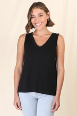 Sienna Tank Top - Soft V Neck Slight High-Low Top in Black